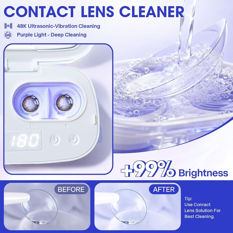 ALLGLAM Portable Contact Lens Cleaner, Automatic Ultrasonic Contact Lens Cleaner Machine with USB Charger, LED Timer Display for Soft Lenses, Colored Contact Lenses Cleaning(White) - Image 2